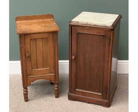 VINTAGE POT CUPBOARDS (2) including a mahogany marble topped example with single door and interior shelf, 83cms H, 43cms W, 4