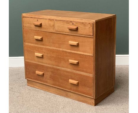 MID CENTURY LIGHT OAK CHEST of two short over three long drawers with wooden cup handles, on a plinth base, 95cms H, 107cms W