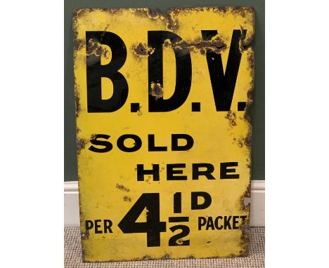 VINTAGE ENAMEL SIGN "B.D.V. SOLD HERE, 41/2 D PER PACKET", 77cms H, 51cms W