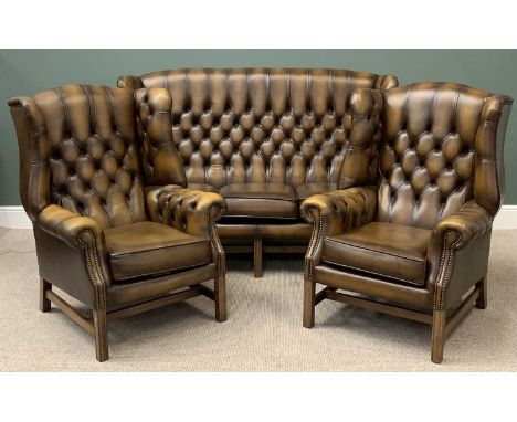 BUTTON UPHOLSTERED LEATHER THREE PIECE SUITE comprising three seater settee, 112cms H, 176cms W, 54cms D and two wingback arm