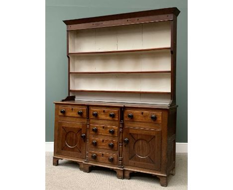 CIRCA 1850 ANGLESEY FARMHOUSE BREAKFRONT DRESSER, oak and mahogany with diamond and dot inlaid detail to the cornice over a t