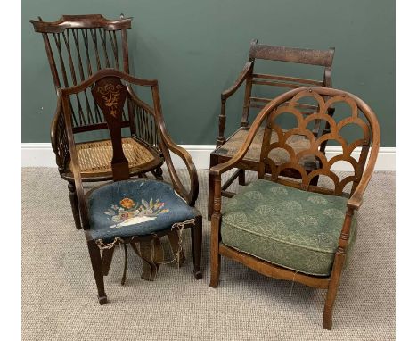 ANTIQUE &amp; VINTAGE ARMCHAIRS, various x 4, to include a rush seated farmhouse example, 85cms H, 53cms W, 44cms D, interest