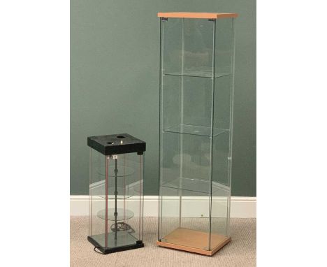 GLAZED SHOP DISPLAY CABINETS (2) to include a tall example with single opening door and interior glass shelves, 164cms H, 40c