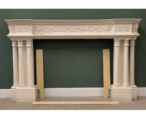 CARVED &amp; PAINTED WOOD CLASSICALLY STYLED MANTELPIECE/FIRE SURROUND with foliate and bird decorated frieze above twin sets