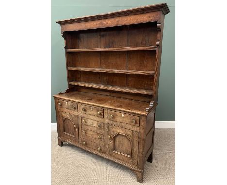 CIRCA 1830 ANGLESEY OAK &amp; PINE DRESSER having a three shelf upper rack with wide backboards and talwrn style decoration t