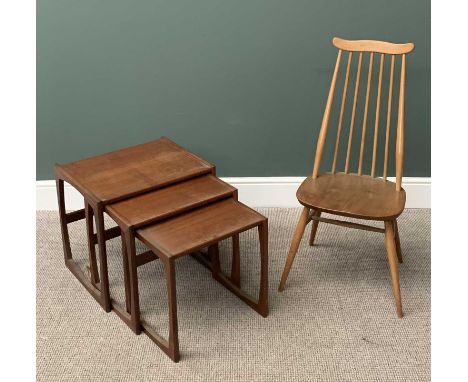 ERCOL LIGHT ELM STICKBACK CHAIR, 98cms H, 42cms W, 38cms D and a nest of three G-Plan teak side tables, 50cms H, 53cms W, 43c