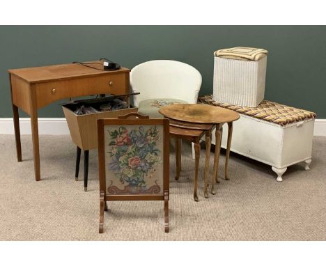 VINTAGE FURNITURE PARCEL (6) to include a loom type blanket chest, curved back bedroom chair and linen box, mid Century sewin