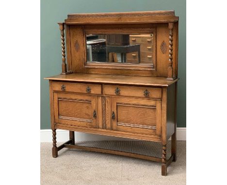 VINTAGE OAK MIRROR BACK SIDEBOARD having carved and beaded detail to the chamfered mirror single shelf back with barley twist