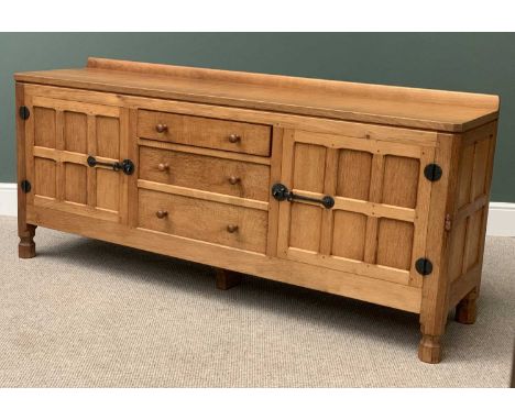 ROBERT "MOUSEMAN" THOMPSON (KILBURN) ADZED OAK 6ft SIDEBOARD having a railback over an Adzed top with three central drawers f