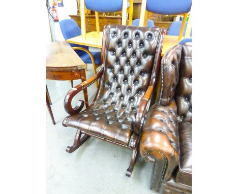 MODERN REGENCY STYLE MAHOGANY ROCKING ARMCHAIR, BUTTON UPHOLSTERED IN BROWN HIDE