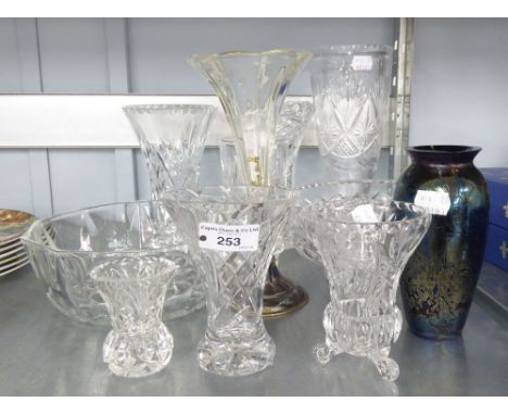 QUANTITY OF GLASSWARES TO INCLUDE; VASES, BOWLS, TRUMPET VASE IN ELECTROPLATE CIRCULAR BASE, ROYAL BRIERLEY STUDIO DEEP PURPL