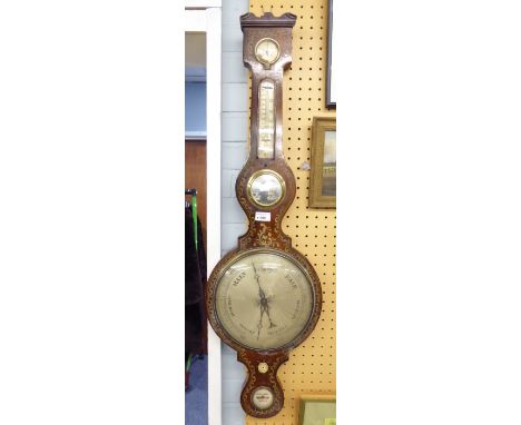 NINETEENTH CENTURY ROSEWOOD BANJO CASED BAROMETER, with 10" dial, removable thermometer, convex mirror and level, painted in 