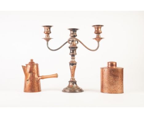 ELECTROPLATED THREE LIGHT CANDELABRA, together with a CHILEAN PLANISHED COPPER COFFEE POT with side handle, and a JS &amp; S 