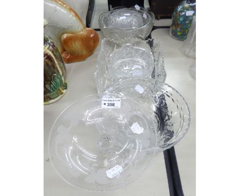 SEVEN PIECES OF CUT GLASS- GOOD QUALITY CONICAL, FOOTED BOWL, FOUR OTHERS, one square, and a TAZZA WITH FRUITING VINE BORDER,