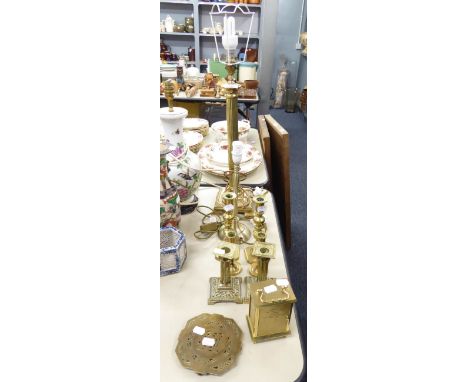 METAL WARES- THREE PAIRS OF BRASS SMALL CANDLESTICKS, COLUMN PATTERN TABLE LAMP, ANOTHER, CARRIAGE CLOCK AND A TRIVET 