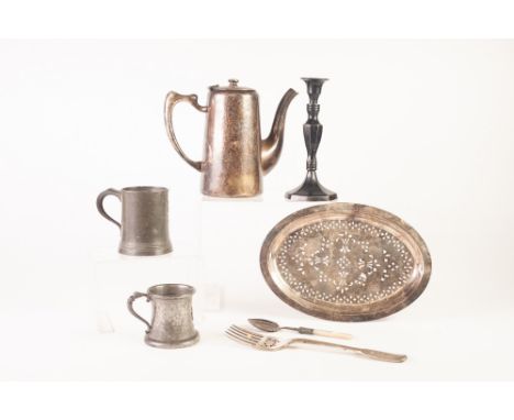 ELECTROPLATE- PIERCED OVAL DISH LINER, HOTEL COFFEE POT, CANDLESTICK, FIDDLE PATTERN SERVING FORK, PRESERVE SPOON, with mothe