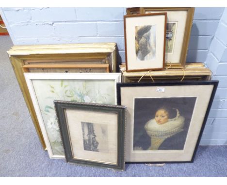 THREE AMATEUR OIL PAINTINGS, LANDSCAPES, AN ARTIST SIGNED MEZZOTINT, ELIZABETHAN FEMALE PORTRAIT AND A SMALL SELECTION OF PRI