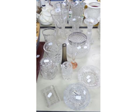 GLASS- WELL CUT CANDLESTICK, 7" high, (a/f), SIMILAR ROSE BOWL AND COVER, SIX VASES, CELERY VASE, etc