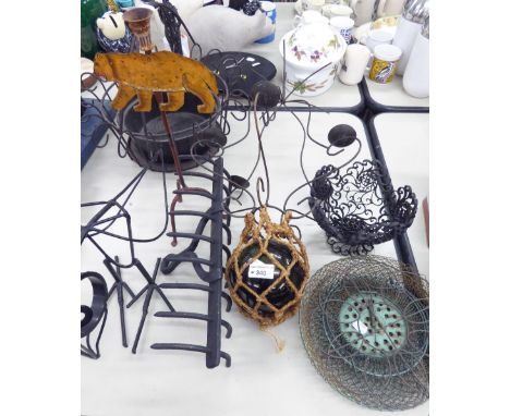 A METAL WIRE PATTERN LIGHT CHANDELIER FOR PACKET CANDLES, WITH A PENDANT GREEN GLASS FISHING FLOAT,  BASE IN  STRING BAG ETC.