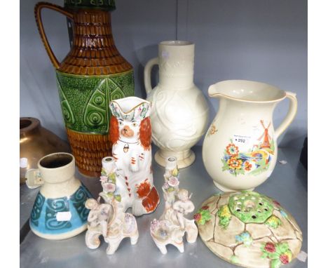 BURLEIGH JUG, WITH WINDMILL DECORATION, WEST GERMAN LARGE JUG, ANOTHER JUG, STAFFORDSHIRE DOG, CERAMIC WISHING WELL, TWO CERA