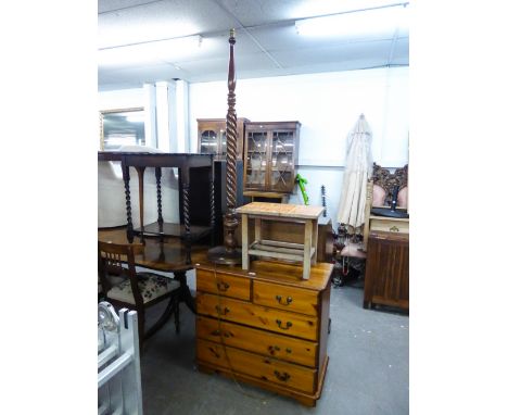 MODERN PINE CHEST OF DRAWERS, STANDARD LAMP WITH TWIST COLUMN, D-SHAPED SIDE TABLE, ANOTHER SIDE TABLE AND A SMALL TILED TOP 