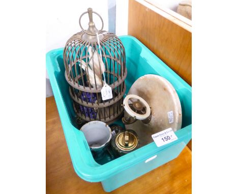 ORNAMENTAL VICTORIAN STYLE BRASS BIRD CAGE WITH THREE BRACKET FEET OR RING SUSPENSION, 12 1/2" (30.8cm) HIGH, BRASS NUT CRACK
