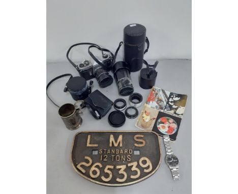 A small quantity of vintage camera accessories and a camera to include an Asahi Pentax Spolmatic together with a vintage LMS 