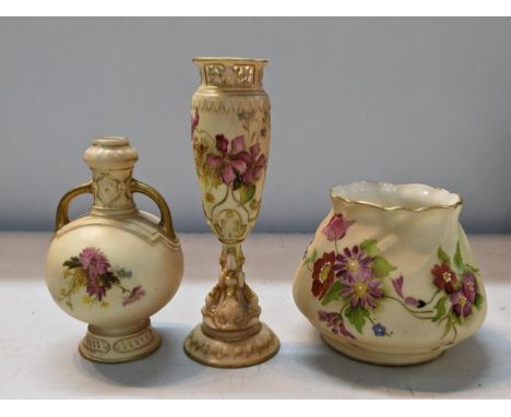 Three pieces of Royal Worcester blush ivory to include a pedestal flower vase numbered 1639 12cm h, a twin handled vase numbe