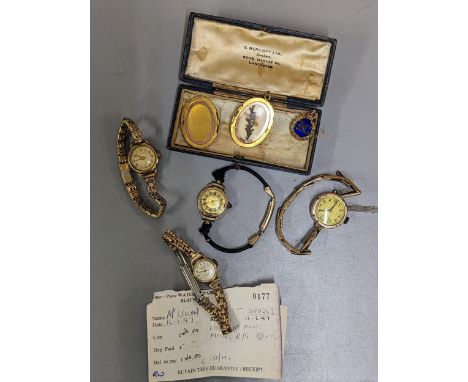 A group of vintage gold plated ladies wristwatches to include Oris, Avia and others, along with a gold plated mourning locket