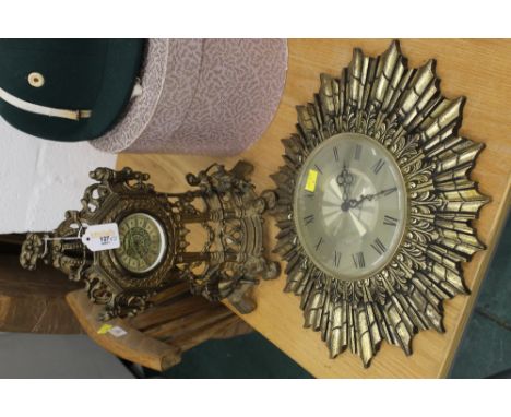 Sunburst style wall clock and brass mantle clock