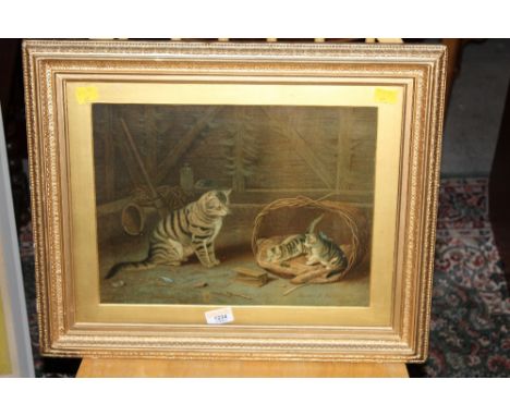 After Horatio H Couldery, colour lithograph of cat and kittens, gilt framed and glazed, 27 cm x 35 cm