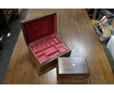 Large and small matching jewellery/sewing boxes with mother of pearl inlay, circa 1900, one with compartments 
