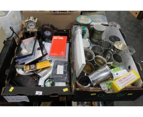 Two boxes of tankards, DVD'S, clocks, vases, hip flask etc 