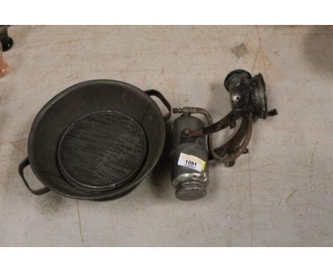An early 20th century "Little Darling", carbide lamp, 22 cm high (damaged), and a Cubeco German galvanized circular two handl