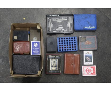 Box of bridge counters, travel Connect Four, packs of playing cards