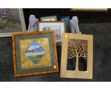 Box of decorative prints, textiles and a tree form wood plaque 