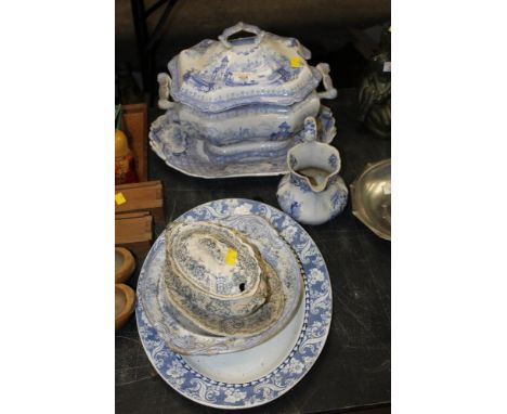 A Victorian R &amp; C blue and white pottery "Mantua" pattern two handled tureen with cover and stand (with hairline cracks) 