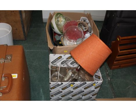 Two boxes of glassware, vintage Smith's clock, fruit bowls, lamp 