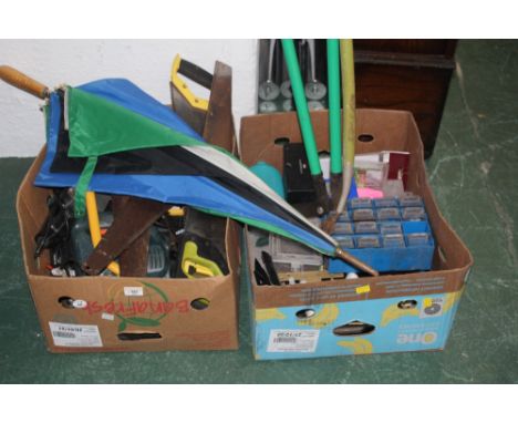 Two boxes of tools, saws, umbrella, Black &amp; Decker tools and doorknobs 
