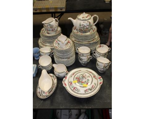 A Johnson Brothers pottery Indian Tree pattern part tea and dinner service (99 pieces, some with chipping and damage). 