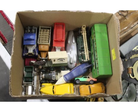 Collection of diecast vehicles, yellow cab, bus, fire engine etc 