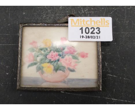 A miniature painting of a vase of roses, thought to be on Ivory and by Katharine G Henderson, 5 cm x 6.5 cm in gilt metal fra