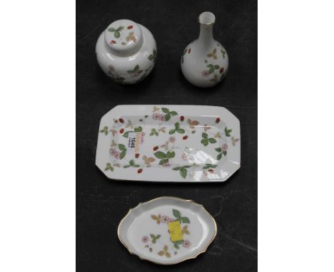 Four Wedgwood bone china "Wild Strawberry", items comprising ginger jar, vase, oval trinket dish and rectangular plate. 
