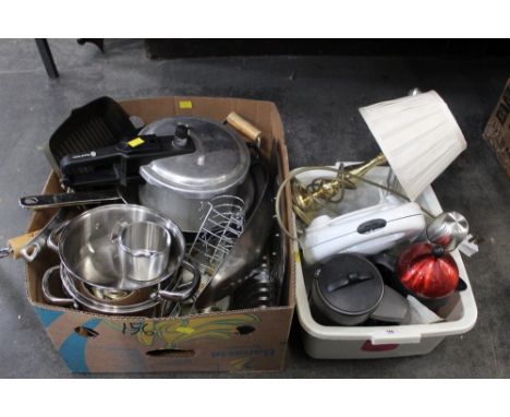 Two boxes of kitchenware, pans, Russell Hobbs pressure cooker, lamp etc
