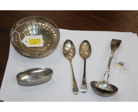 Two Birmingham silver teaspoons, Birmingham silver bonbon dish, silver topped dressing table jar and a Victorian Dublin silve