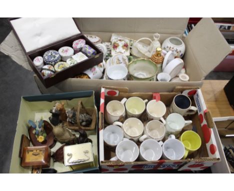 Three boxes of part tea sets, ornaments, mugs, trinket boxes, whisky bell, Radford candlesticks etc 