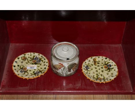 A pair of cantigalli pottery circular saucers, decorated with flowers, 14 cm diameter, pattern No.42 and a stoneware conserve