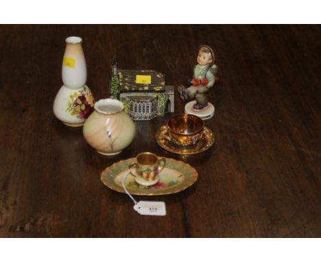 A painted glass cup and saucer, Goebel figurine "Globe Trotter", Worcester style miniature two-handled mug, Royal Worcester o