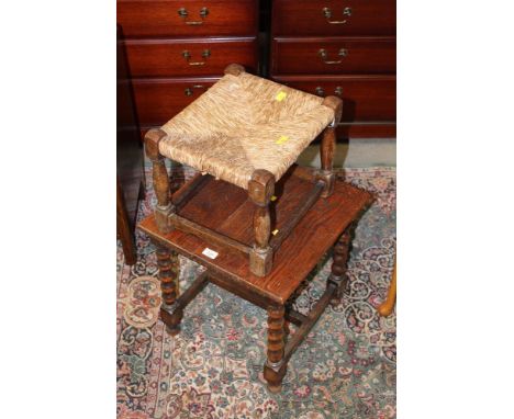 An oak square table with bobbin turned legs, 44 cm square x 43 cm high and a rush seated stool  