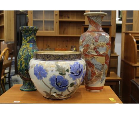 A large floral planter, Satsuma vase and a coloured vase (please note all three items are damaged)